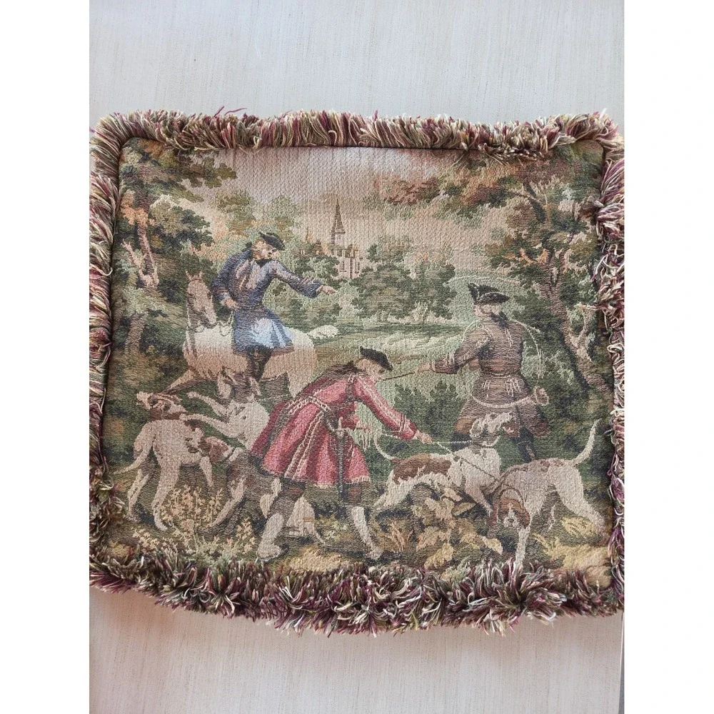 Vtg French Jacquard Tapestry pillow cover Equestrian Brush Fringe 18x17 *flaw